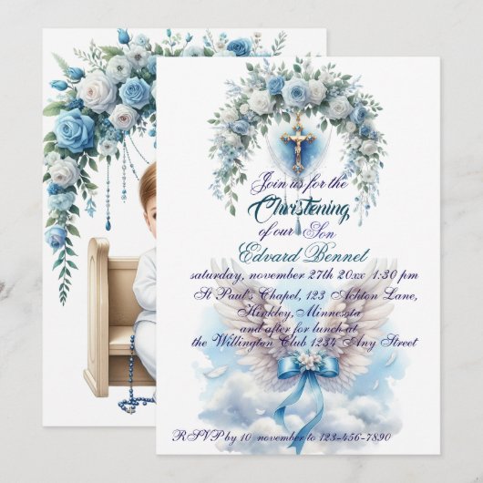 Elegante Blauwe Bloemen Kruis doop Kaart (Voorkant / Achterkant)