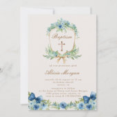 Elegante Blauwe Bloemen Kruis Doop Uitnodiging (Voorkant)