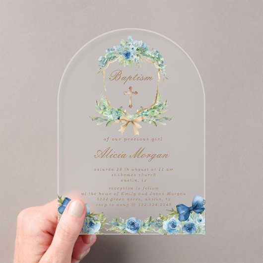 Elegante Blauwe Bloemen Kruis Doop Uitnodiging (Insitu (Draagbaar))