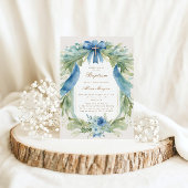 Elegante Blauwe Bloemen Kruis Doop Uitnodiging