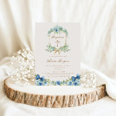 Elegante Blauwe Bloemen Kruis Doop Uitnodiging