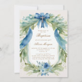 Elegante Blauwe Bloemen Kruis Doop Uitnodiging (Voorkant)