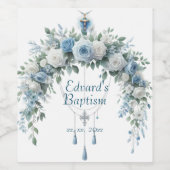 Elegante Blauwe Bloemen Kruis doop Wijn Etiket (Enkel label)