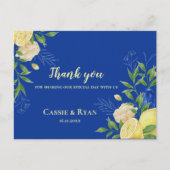 Elegante Blauwe Bloemen Lemon bruiloft Dank u kaar Briefkaart (Voorkant)