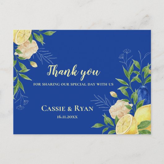 Elegante Blauwe Bloemen Lemon bruiloft Dank u kaar Briefkaart (Voorkant)