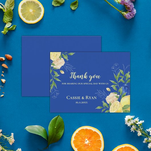 Elegante Blauwe Bloemen Lemon bruiloft Dank u kaar Briefkaart