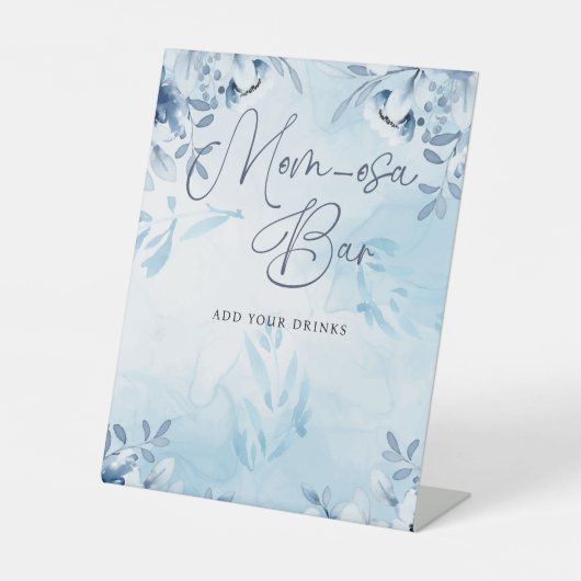 Elegante Blauwe Bloemen Momosa Bar Baby Shower Reclamebord Met Voetstuk (Voorkant)