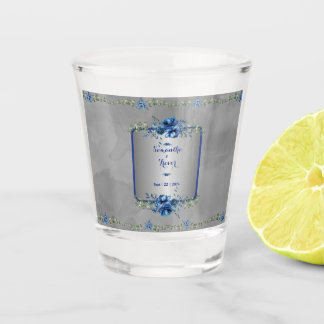 Elegante Blauwe Bloemen op Metallic Zilver Schot G Shot Glas