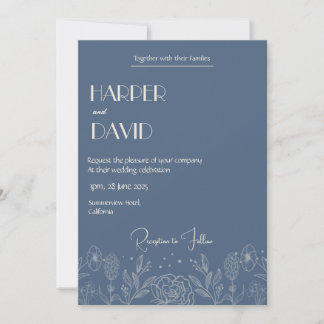 Elegante Blauwe Bloemen Outline bruiloft uitnodigi Kaart