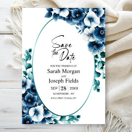 Elegante Blauwe Bloemen Ovaal Save the Date Kaart