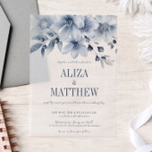 Elegante blauwe bloemen overlay bruiloft vellum uitnodigingen