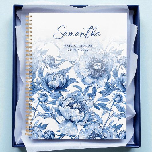 Elegante Blauwe Bloemen Patroon Script Maid of Hon Planner