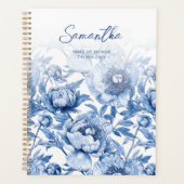 Elegante Blauwe Bloemen Patroon Script Maid of Hon Planner (Voorkant)