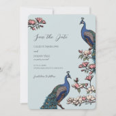 Elegante Blauwe Bloemen Pauw bruiloft Save The Date (Voorkant)