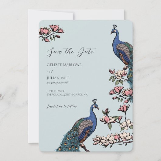 Elegante Blauwe Bloemen Pauw bruiloft Save The Date (Voorkant)