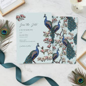 Elegante Blauwe Bloemen Pauw bruiloft Save The Date