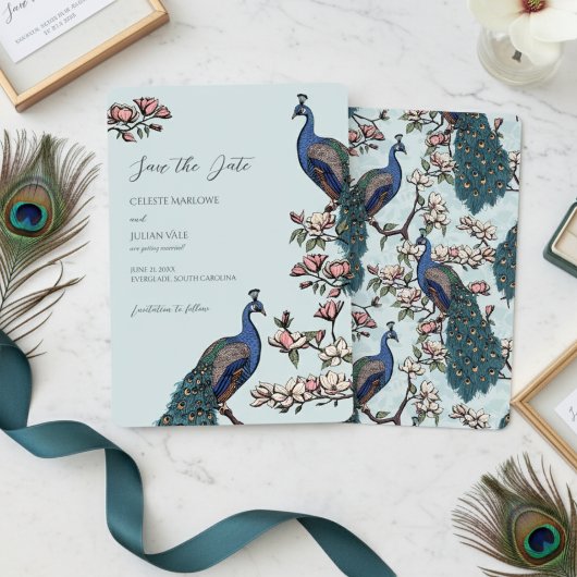 Elegante Blauwe Bloemen Pauw bruiloft Save The Date