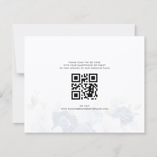 Elegante Blauwe Bloemen QR Code Trouwen Save the D (Achterkant)