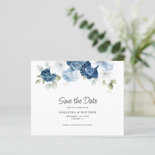 Elegante Blauwe Bloemen QR Code Trouwen Save the D (Staand voorkant)