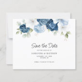 Elegante Blauwe Bloemen QR Code Trouwen Save the D (Voorkant)