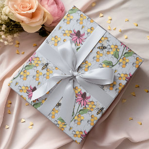 Elegante blauwe bloemen Queen Bee, Honingraat & Bl Cadeaupapier