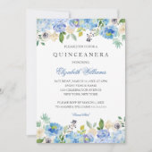 Elegante Blauwe Bloemen Quinceanera Uitnodiging (Voorkant)