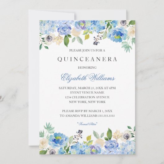 Elegante Blauwe Bloemen Quinceanera Uitnodiging (Voorkant)