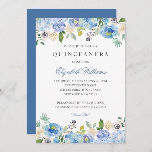 Elegante Blauwe Bloemen Quinceanera Uitnodiging (Voorkant / Achterkant)