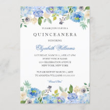 Elegante Blauwe Bloemen Quinceanera Uitnodiging