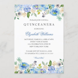 Elegante Blauwe Bloemen Quinceanera Uitnodiging