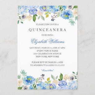 Elegante Blauwe Bloemen Quinceanera Uitnodiging