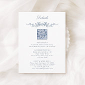Elegante Blauwe Bloemen Rand QR Code Trouwdetails Informatiekaartje