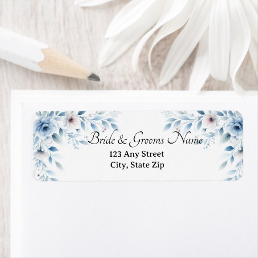 Elegante blauwe bloemen retouradreslabels etiket (Insitu)