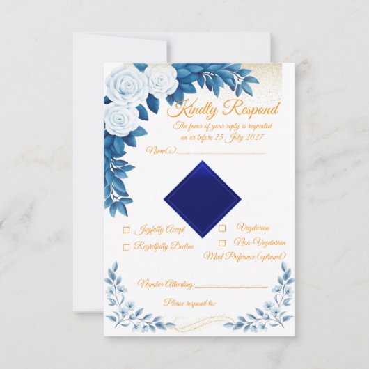 Elegante Blauwe Bloemen RSVP Kaart (Voorkant)
