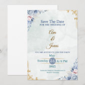 Elegante Blauwe Bloemen Save the Date Kaart (Voorkant / Achterkant)
