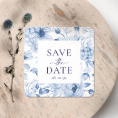 Elegante Blauwe Bloemen "Save the Date" Trouwen Vierkante Sticker