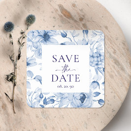 Elegante Blauwe Bloemen "Save the Date" Trouwen Vierkante Sticker