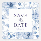 Elegante Blauwe Bloemen "Save the Date" Trouwen Vierkante Sticker (Voorkant)