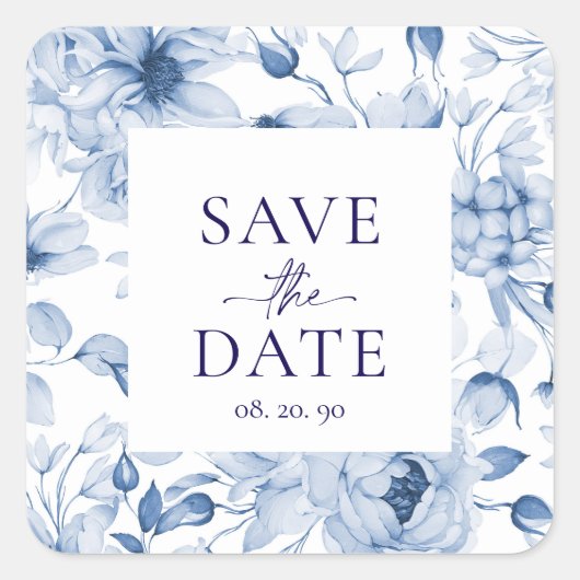 Elegante Blauwe Bloemen "Save the Date" Trouwen Vierkante Sticker (Voorkant)