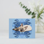 Elegante Blauwe Bloemen Siamese Mooie Katachtig Briefkaart (Staand voorkant)