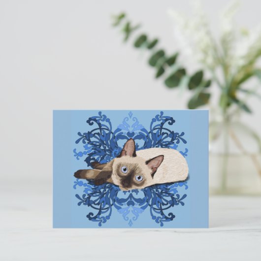 Elegante Blauwe Bloemen Siamese Mooie Katachtig Briefkaart (Staand voorkant)