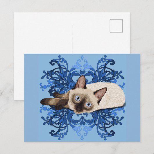 Elegante Blauwe Bloemen Siamese Mooie Katachtig Briefkaart (Voorkant / Achterkant)