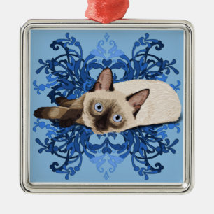 Elegante Blauwe Bloemen Siamese Mooie Katachtig Metalen Ornament