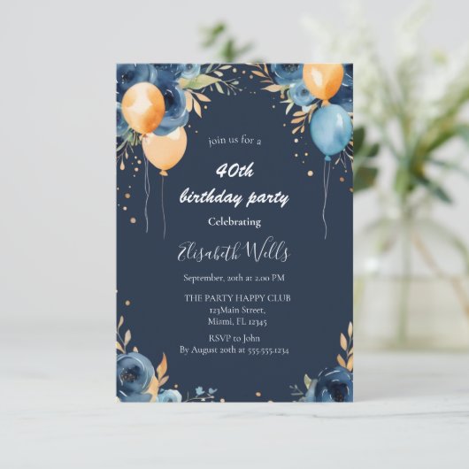 Elegante Blauwe Bloemen Sinaasappel Ballons Verjaa Kaart (Staand voorkant)