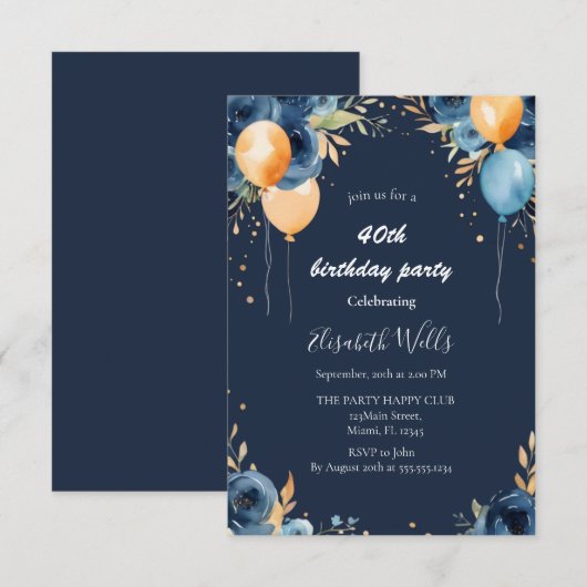 Elegante Blauwe Bloemen Sinaasappel Ballons Verjaa Kaart (Voorkant / Achterkant)