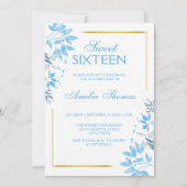 Elegante Blauwe Bloemen Sweet 16 Verjaardag Uitnod Kaart (Voorkant)