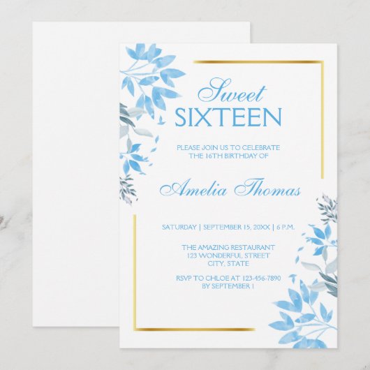 Elegante Blauwe Bloemen Sweet 16 Verjaardag Uitnod Kaart (Voorkant / Achterkant)