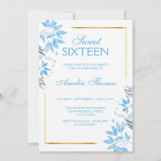 Elegante Blauwe Bloemen Sweet 16 Verjaardag Uitnod Kaart