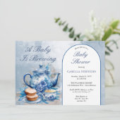 Elegante Blauwe Bloemen Theeset Baby shower Kaart (Staand voorkant)