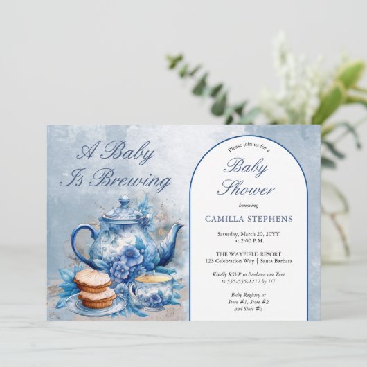 Elegante Blauwe Bloemen Theeset Baby shower Kaart (Staand voorkant)